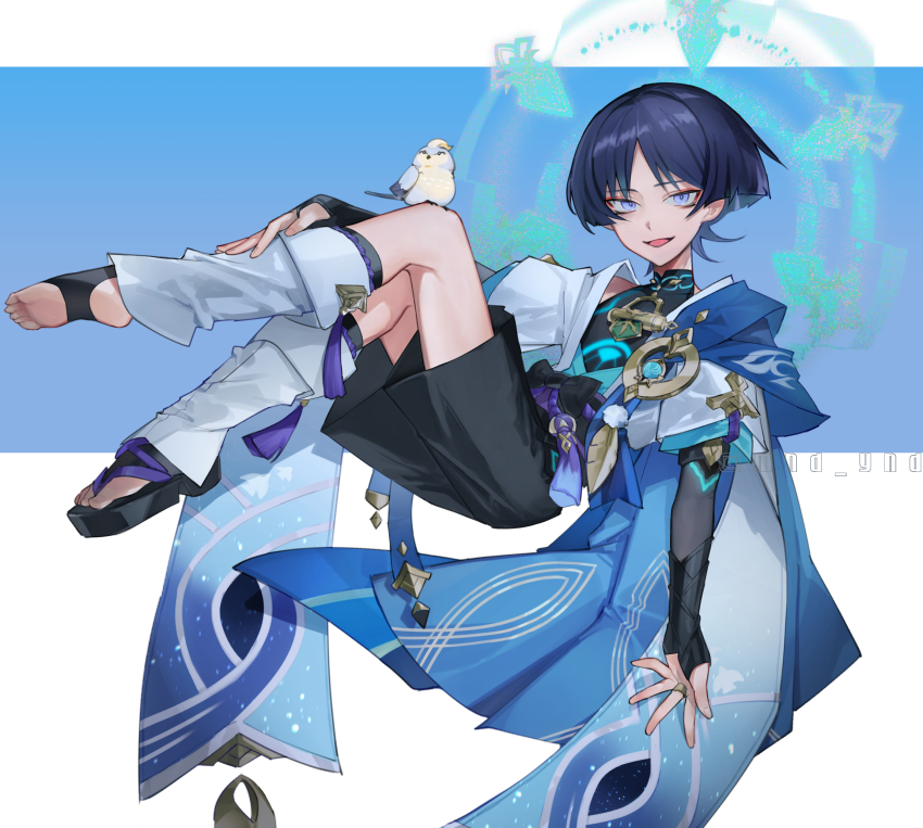 1boy anemo_symbol_(genshin_impact) armor bird bird_legs black_bodysuit black_bow black_bridal_gauntlets black_leggings black_sandals black_shorts blue_cape blue_gemstone blue_halo blue_kimono blue_sleeves blunt_ends bodysuit bow bridal_gauntlets bright_pupils cape constricted_pupils eyeliner eyeshadow feathers finch floating full_body furisode gem genshin_impact glowing_markings gold halo halo_behind_head han&#039;eri highres japanese_armor japanese_clothes kimono knees_up kote kurokote layered_kimono layered_sleeves leg_warmers leggings levitation looking_at_viewer magic_circle makeup male_focus mandarin_collar mnd_ynd open_clothes open_hand open_kimono open_mouth parted_bangs pom_pom_(clothes) purple_eyes purple_hair purple_rope red_eyeliner red_eyeshadow rope sandals sanpaku scaramouche_(genshin_impact) short_sleeves shorts shoulder_peek simple_background single_sandal smile solo stirrup_legwear tassel toeless_legwear toes twitter_username vision_(genshin_impact) wanderer_(genshin_impact) white_kimono white_leg_warmers white_pupils white_sleeves white_trim yellow_feathers zouri