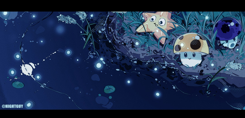 fireflies highres hightguy letterboxed mushroom no_humans plant plants_vs._zombies puff-shroom_(plants_vs._zombies) starfruit_(plants_vs_zombies) sun-shroom_(plants_vs._zombies) water