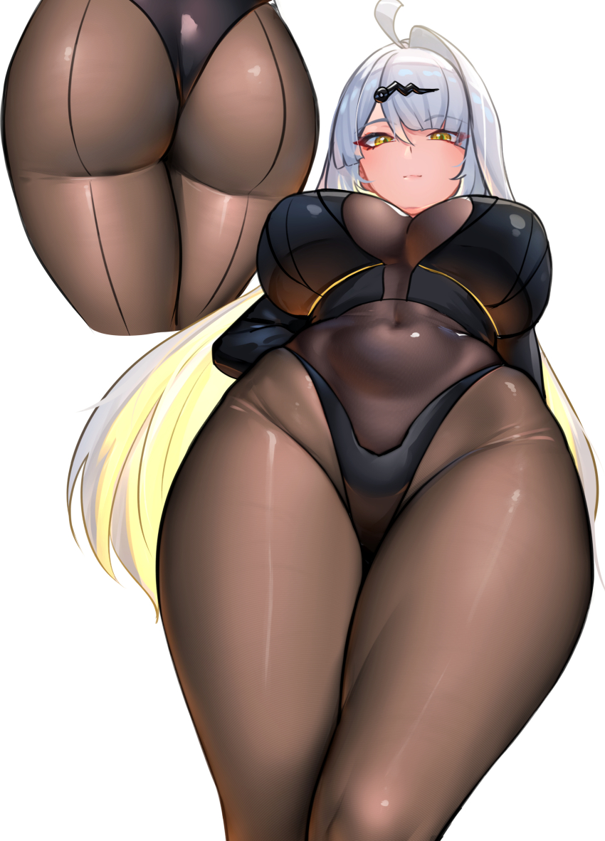 1girl absurdres ahoge ass black_bra black_panties bodystocking bra breasts brown_pantyhose covered_navel cropped_legs curvy from_below grey_hair hair_ornament highres large_breasts long_hair looking_at_viewer multiple_views nicchi panties panties_over_pantyhose pantyhose simple_background thighs underwear very_long_hair white_background yellow_eyes yixuan_(zenless_zone_zero) zenless_zone_zero