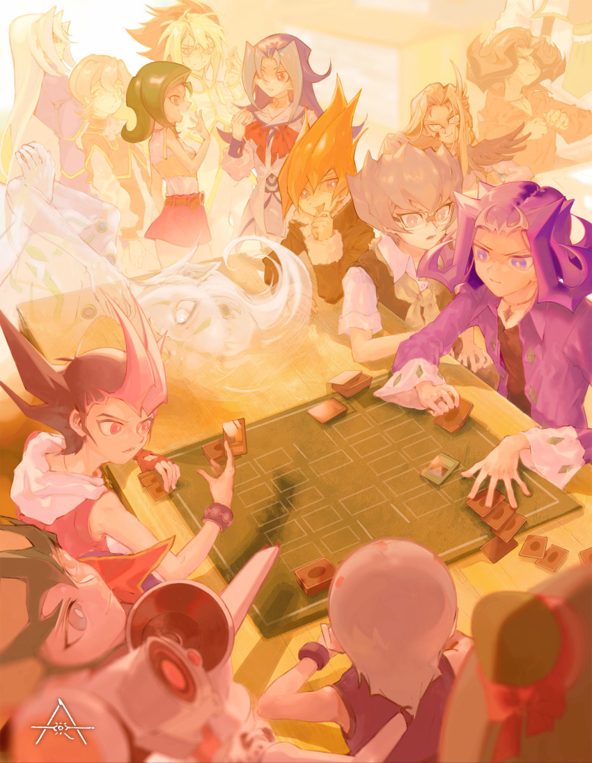 6+boys anhypnosis arito_(yu-gi-oh!) artist_logo astral_(yu-gi-oh!) belt black_hair black_shirt blonde_hair blue_eyes blue_hair card character_request check_character chinese_commentary collared_shirt colored_bangs deck deck_of_cards durbe_(yu-gi-oh!) fingerless_gloves from_behind fur_trim girag_(yu-gi-oh!) gloves green_hair grey_eyes grey_hair hair_between_eyes highres holding holding_card hood hood_down iii_(yu-gi-oh!) iv_(yu-gi-oh!) kamishiro_rio kamishiro_ryouga logo long_hair long_sleeves mizael_(yu-gi-oh!) mizuki_kotori_(yu-gi-oh!) multicolored_hair multiple_boys open_mouth orange_eyes orbital_7 pink_eyes pink_skirt playing_games profile purple_eyes purple_hair purple_shirt red_eyes red_hair shingetsu_rei shirt shirt_tucked_in short_hair short_sleeves skirt sleeveless tenjou_haruto tenjou_kaito tsukumo_yuma two-tone_hair v_(yu-gi-oh!) vector_(yu-gi-oh!) white_eyes wide_sleeves yu-gi-oh! yu-gi-oh!_zexal yuu-gi-ou yuu-gi-ou_zexal