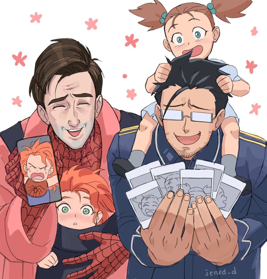 2boys 2girls :d :o amestris_military_uniform artist_name baby_carrier babywearing bathrobe beard beard_stubble bib black_hair blue_eyes blue_jacket blush bodysuit brown_hair carrying cellphone child closed_eyes collared_jacket commentary crossover elicia_hughes english_commentary facial_hair father_and_daughter floral_background fullmetal_alchemist genniax glasses green_eyes grey_socks hair_bobbles hair_ornament hair_slicked_back highres holding holding_phone holding_photo jacket long_sleeves maes_hughes marvel mature_male mayday_parker medium_hair messy_hair military_jacket multiple_boys multiple_girls opaque_glasses open_mouth orange_hair peter_b_parker phone photo_(object) polaroid_photo print_bodysuit red_bodysuit semi-rimless_eyewear short_hair short_twintails shoulder_carry simple_background smartphone smile socks spider-man spider-man:_across_the_spider-verse spider-man_(series) spider-verse spider_web_print stubble superhero_costume teeth thick_eyebrows trait_connection twintails under-rim_eyewear upper_body upper_teeth_only white_background wrinkled_skin