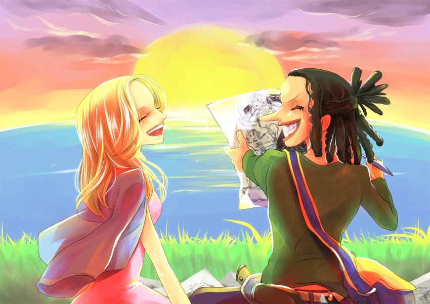 1boy 1girl black_hair blonde_hair clenched_teeth closed_eyes commentary_request curly_hair drawing himerinco holding kaya_(one_piece) long_hair long_nose long_sleeves medium_hair ocean one_piece open_mouth outdoors paper pencil sitting smile sunset teeth usopp water