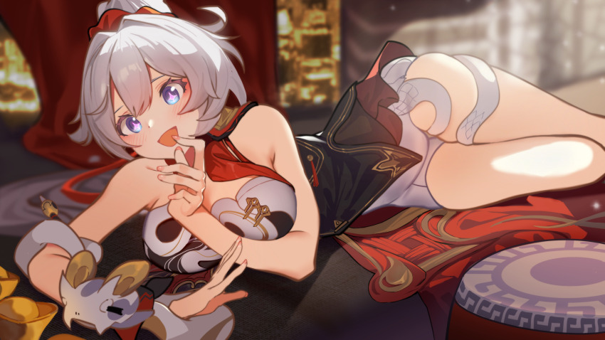 1girl absurdres blue_eyes breasts commentary dress highres honkai_(series) honkai_impact_3rd kiana_kaslana kiana_kaslana_(ba-dum!_fiery_wishing_star) large_breasts long_hair lying on_side open_mouth rice_cake_(honkai_impact) snake snake_print snake_wrapped_around_arm solo spectacled_snake star-shaped_pupils star_(symbol) symbol-shaped_pupils thighs white_dress white_hair