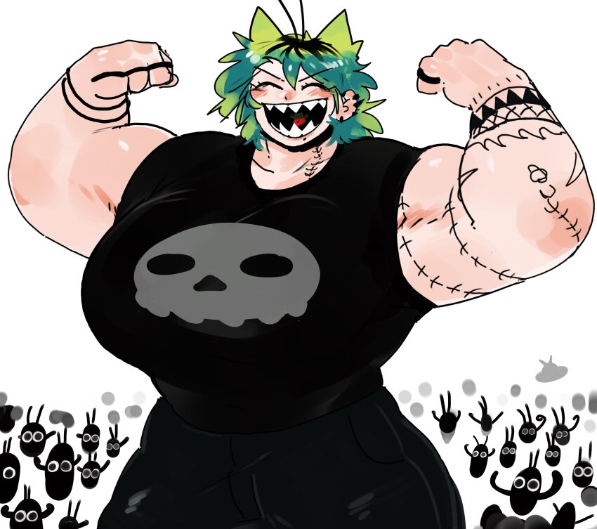 1girl absurdres antennae arm_tattoo black_hair black_pants black_shirt breasts destorys double_biceps_pose ear_piercing earrings flexing green_hair highres huge_breasts jewelry medium_hair multicolored_hair muscular muscular_female open_mouth original pants piercing roots_(hair) sharp_teeth shirt smile solo tattoo teeth two-tone_hair