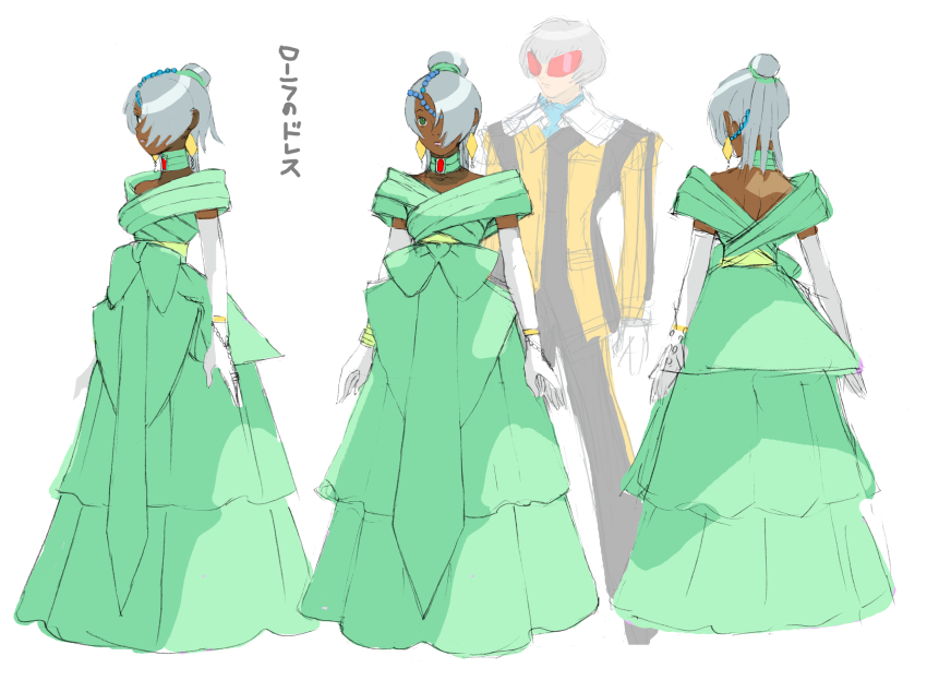2boys absurdres closed_mouth crossdressing dark-skinned_male dark_skin dress elbow_gloves gloves gundam harry_ord highres laura_rolla loran_cehack male_focus multiple_boys simple_background trap turn_a_gundam white_background white_hair yasuda_akira