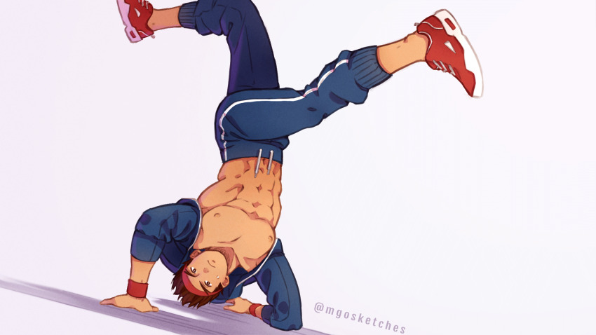 1boy abs alternate_costume bare_pectorals blue_jacket blue_pants breakdance brown_hair commentary english_commentary forked_eyebrows headband highres jacket male_focus mango_(mgosketches) muscular muscular_male nipples no_shirt open_clothes open_jacket pants pectorals red_shoes ryu_(street_fighter) shoes short_hair simple_background sneakers solo street_fighter sweatband track_suit twitter_username upside-down white_background wristband