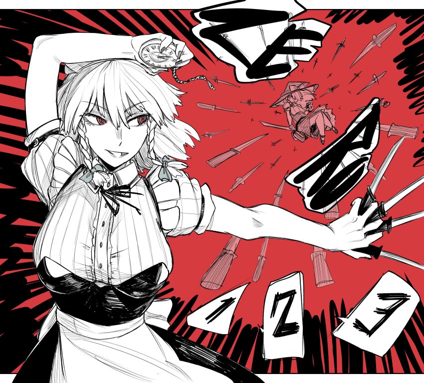 2girls absurdres apron axel_hi between_fingers bow braid breasts broom broom_riding dress hair_bow hat hat_bow highres holding holding_knife holding_pocket_watch izayoi_sakuya kirisame_marisa knife knives_between_fingers large_breasts long_hair maid maid_apron maid_headdress medium_breasts mini-hakkero monochrome multiple_girls open_mouth pocket_watch red_eyes red_theme short_hair side_braid single_braid smile sound_effects time_stop touhou twin_braids waist_apron watch witch_hat