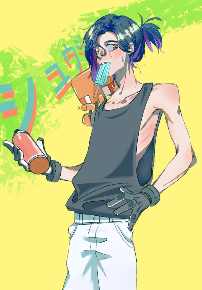 1boy blue_hair colored_inner_hair commentary_request conch_(gundam) cowboy_shot food food_in_mouth gloves gundam gundam_gquuuuuux highres holding_spray_can kuroheya1015 looking_at_viewer lower_eyelashes_only male_focus multicolored_hair non-humanoid_robot pants ponytail popsicle popsicle_in_mouth purple_hair red_eyes robot short_hair shuji_ito sleeveless solo sweat tank_top two-tone_hair yellow_background