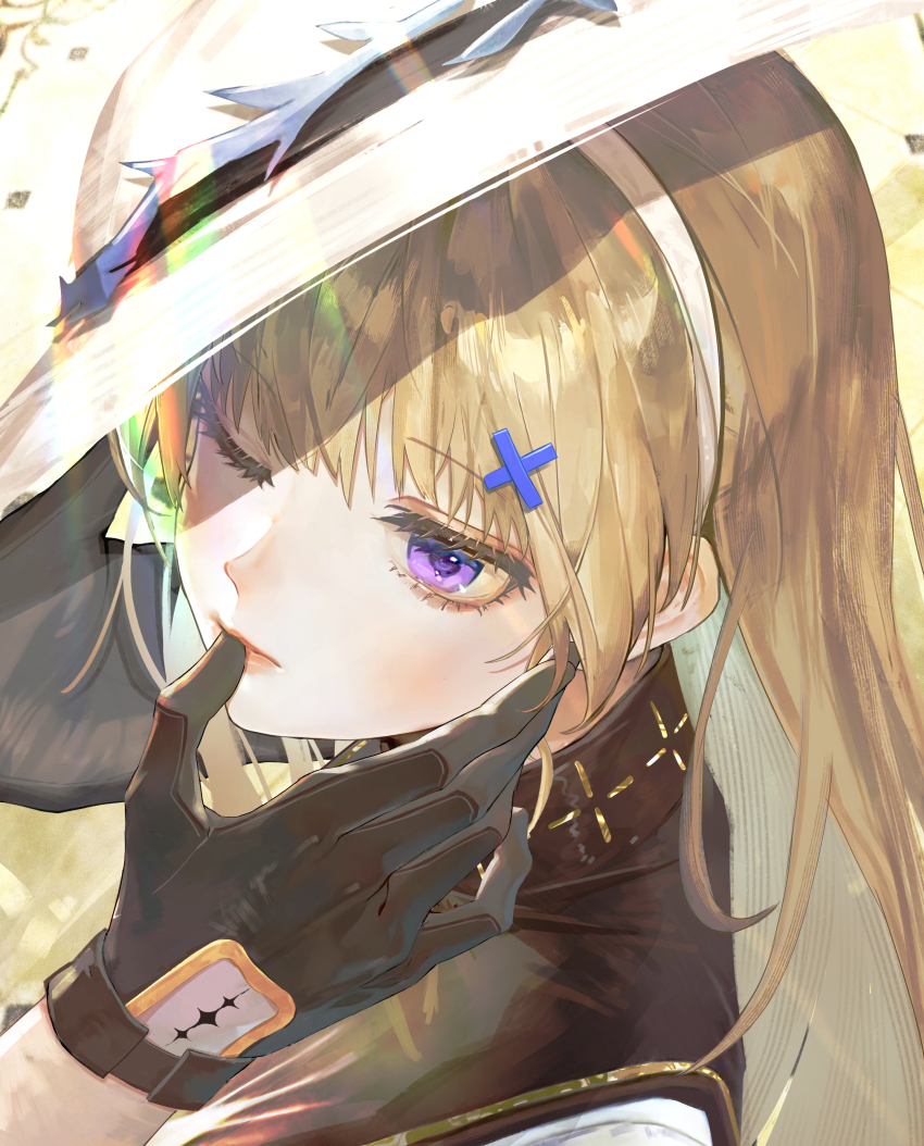 1boy 1girl absurdres black_collar black_gloves blonde_hair chinese_commentary closed_mouth collar commentary_request finger_to_another&#039;s_mouth gloves hair_ornament hat highres jin_sumire long_hair looking_at_another male_rover_(wuthering_waves) one_eye_closed phoebe_(wuthering_waves) portrait purple_eyes rover_(wuthering_waves) solo_focus tacet_mark_(wuthering_waves) white_hat wuthering_waves x_hair_ornament