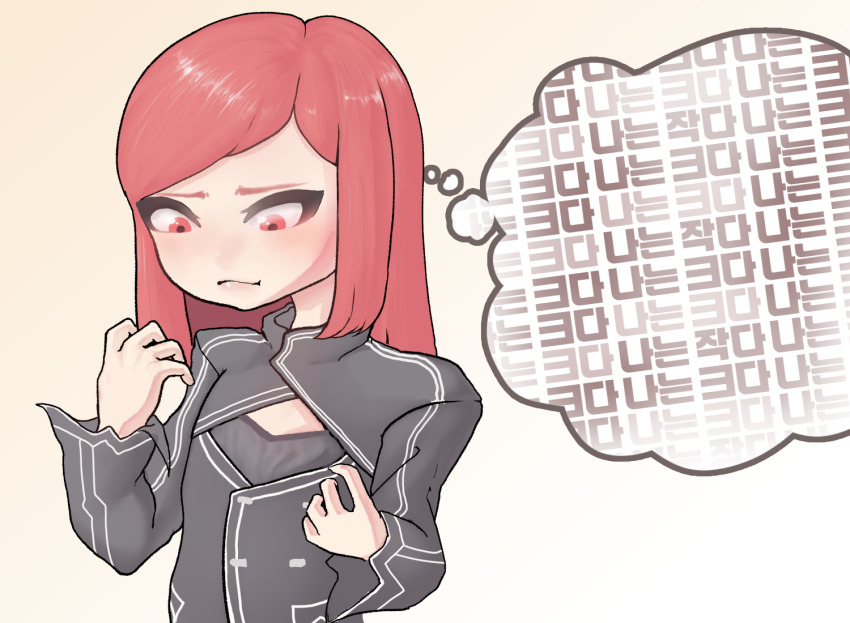1girl black_dress breast_conscious cleavage_cutout clothing_cutout dress flat_chest gradient_background korean_text last_origin long_hair long_sleeves looking_down night_angel_(last_origin) pout red_eyes red_hair speech_bubble thought_bubble user_mrrm2785