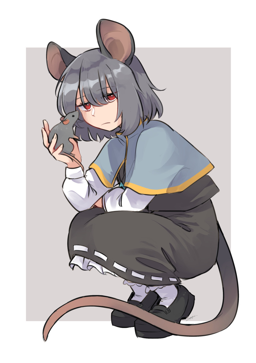 1girl absurdres animal animal_ears animal_on_hand black_shoes black_skirt blue_capelet capelet closed_mouth commentary_request expressionless grey_hair highres jewelry long_sleeves looking_at_viewer min.k mouse_ears mouse_girl mouse_tail nazrin pendant red_eyes shoes skirt socks solo squatting tail touhou white_socks