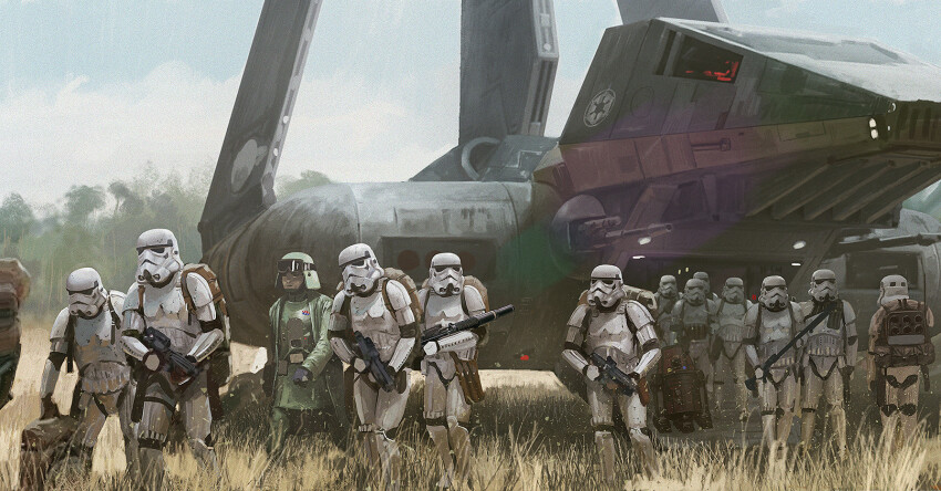 6+boys astromech_droid backpack bag belt black_belt cloud coat commentary edouard_groult english_commentary galactic_empire_(star_wars) goggles goggles_on_headwear grass green_coat helmet highres lambda-class_t-4a_shuttle multiple_boys non-humanoid_robot robot sky spacecraft star_wars stormtrooper trench_coat walking