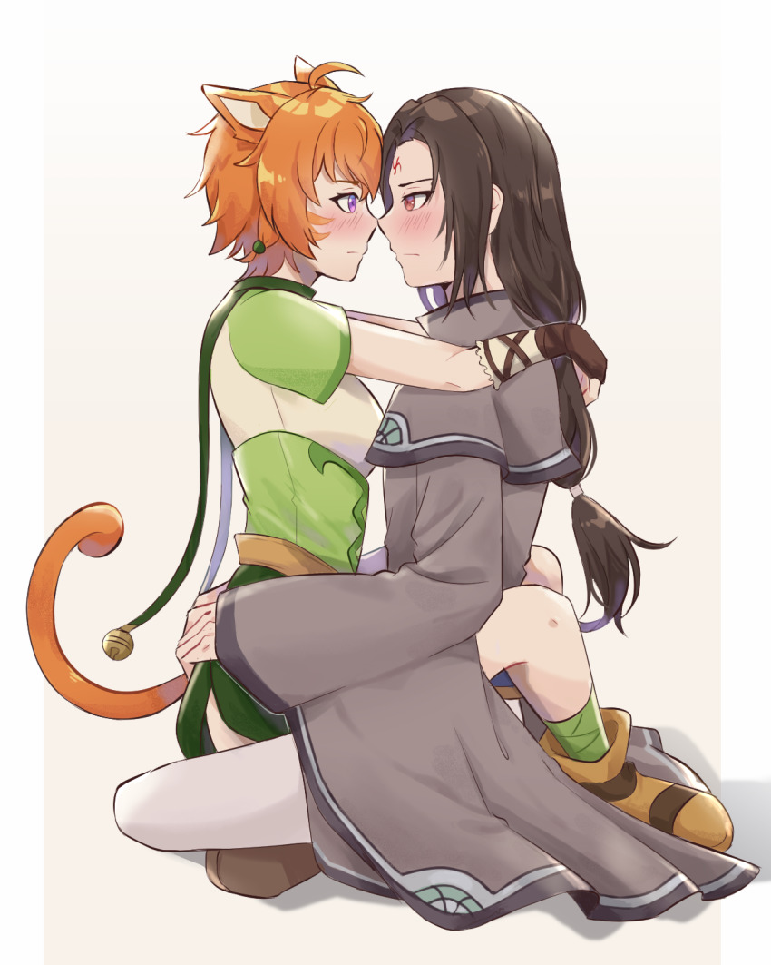 1boy 1girl animal_ears bad_source blush cat_girl closed_mouth coat collar fire_emblem fire_emblem:_radiant_dawn gloves hetero highres holding hug lethe_(fire_emblem) nintendo noses_touching purple_eyes red_eyes soren_(fire_emblem) tail white_background witchi