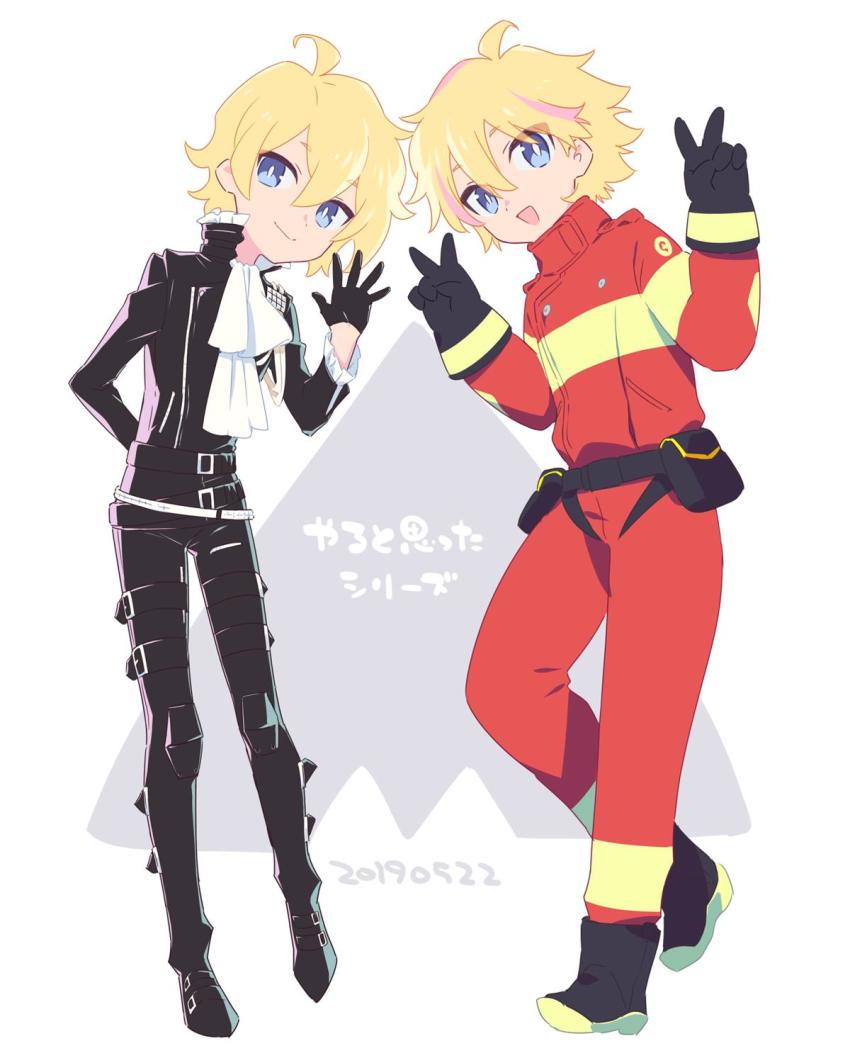 ahoge alpha_omega_nova ascot belt black_gloves black_jacket blonde_hair blue_eyes boots bright_pupils buckle cosplay costume_switch dated double_v dual_persona firefighter firefighter_jacket gloves highres jacket lio_fotia lio_fotia_(cosplay) mt.somo multicolored_hair pouch promare spoilers standing standing_on_one_leg streaked_hair trigger_(company) uchuu_patrol_luluco v