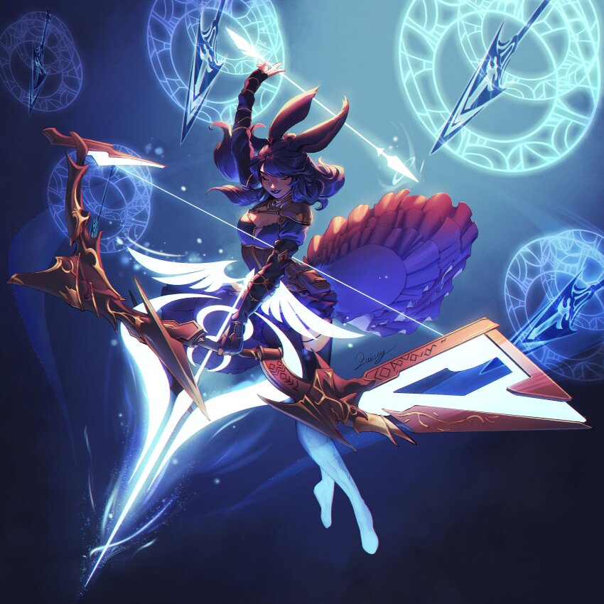 1girl absurdres animal_ears arm_up artist_name bard_(final_fantasy) black_hair blue_background bodice bow_(weapon) breasts commentary dark-skinned_female dark_skin dress final_fantasy final_fantasy_xiv floating gauntlets glowing_arrow gradient_background highres holding holding_bow_(weapon) holding_weapon magic medium_breasts rabbit_ears red_dress signature smile thighhighs viera warrior_of_light_(ff14) weapon zaiisey