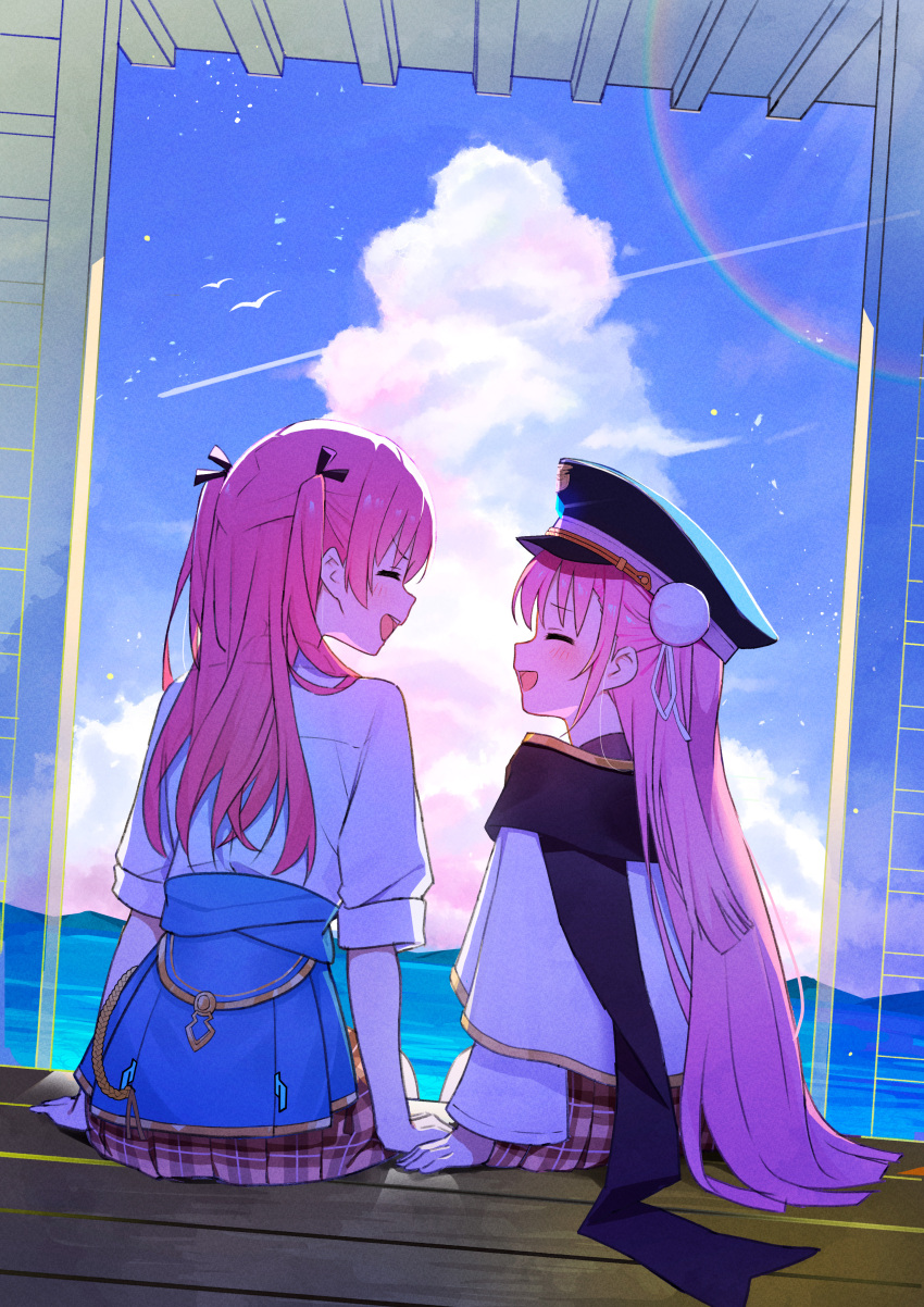 2girls :d ^_^ absurdres aikawa_megumi backlighting black_hat black_ribbon blue_sky blunt_ends blush brown_skirt cape closed_eyes clothes_around_waist cloud commentary contrail cowboy_shot cumulonimbus_cloud day dutch_angle facing_another from_behind hair_between_eyes hair_ribbon happy hat heaven_burns_red highres kunimi_tama lens_flare long_hair long_sleeves multiple_girls ocean open_mouth outdoors peaked_cap pink_hair plaid_clothes plaid_skirt pleated_skirt ribbon rinki_oohen sitting skirt sky sleeves_rolled_up smile two_side_up v-shaped_eyebrows very_long_hair white_cape white_ribbon wide_sleeves