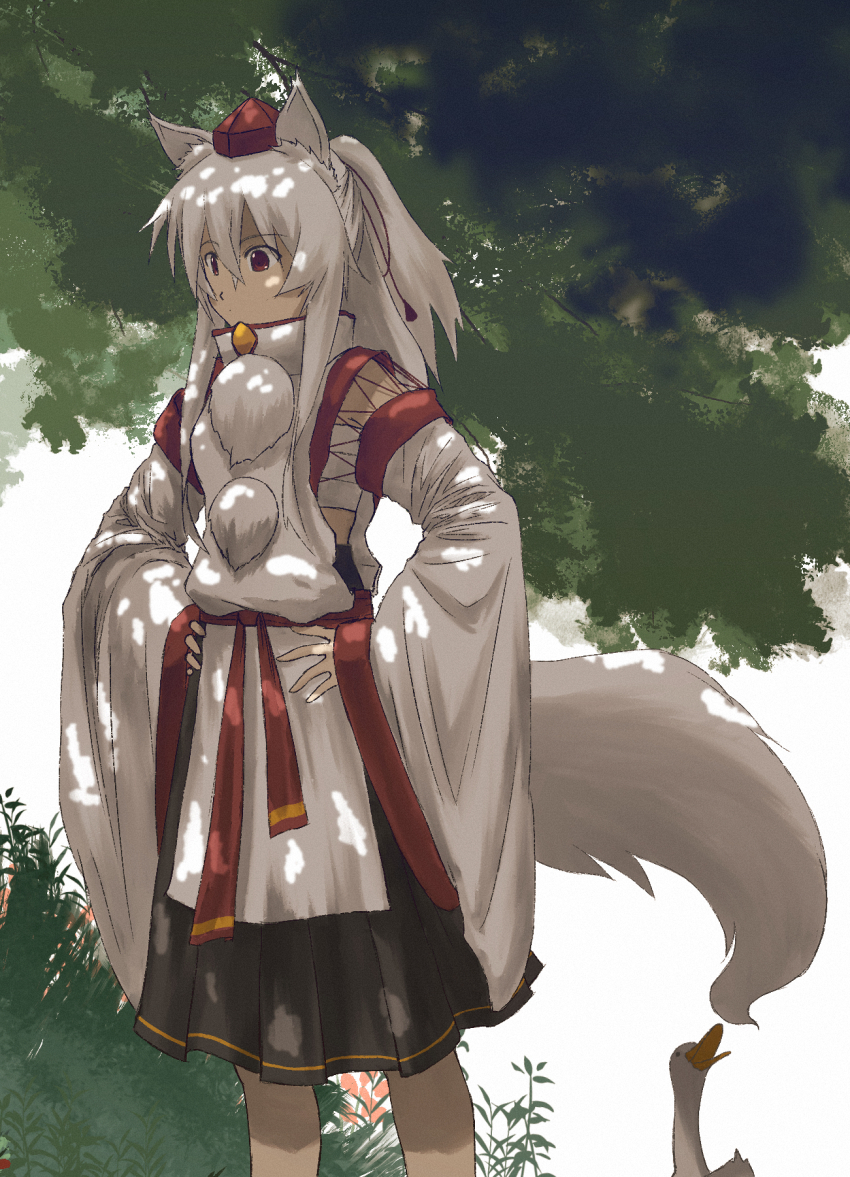 1girl animal_ear_fluff animal_ears bandaged_chest bird black_skirt clothing_cutout commentary_request cropped day detached_sleeves duck feet_out_of_frame from_side hands_on_own_hips hat highres inubashiri_momiji long_hair long_sidelocks nature oubachiago pleated_skirt pom_pom_(clothes) ponytail procreate_(medium) red_eyes red_sash sash side_cutout sidelocks skirt solo standing tail tokin_hat touhou tree turtleneck white_hair wolf_ears wolf_girl wolf_tail