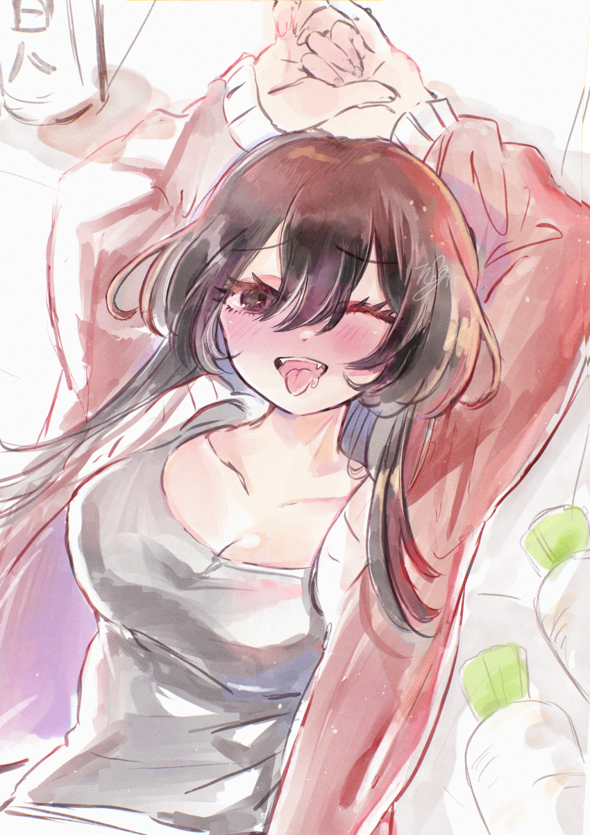 1girl ;d absurdres arms_up black_hair black_tank_top blush bonnouji_momoha breasts cleavage collarbone commentary_request daikon drunk fangs hair_between_eyes highres jacket kimi_no_koto_ga_dai_dai_dai_dai_daisuki_na_100-nin_no_kanojo large_breasts long_hair looking_at_viewer nose_blush one_eye_closed open_clothes open_jacket open_mouth own_hands_together oyomidtarumi radish red_jacket smile solo tank_top tongue tongue_out upper_body