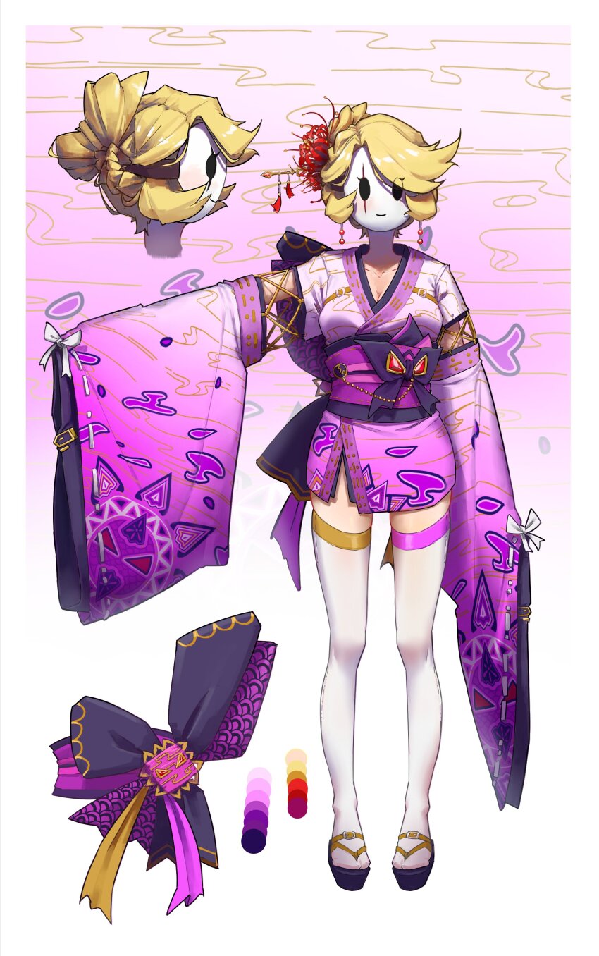 1girl 2023 absurdres arm_at_side arm_up black_trim blonde_hair borrowed_character bow breasts cleavage collarbone color_guide commentary commission english_commentary euredaicy flower folded_ponytail from_side full_body gradient_background gradient_clothes hair_flower hair_ornament hair_over_one_eye highres japanese_clothes kimono large_breasts light_smile locket_white_(bakalorin) long_hair looking_at_viewer mario_(series) medium_breasts nintendo okobo original pink_background pink_kimono pink_trim platform_sandals profile purple_sash reference_sheet sandals sash shy_gal standing straight-on sun_print swept_bangs thighhighs white_bow white_mask wide_sleeves yellow_trim zettai_ryouiki