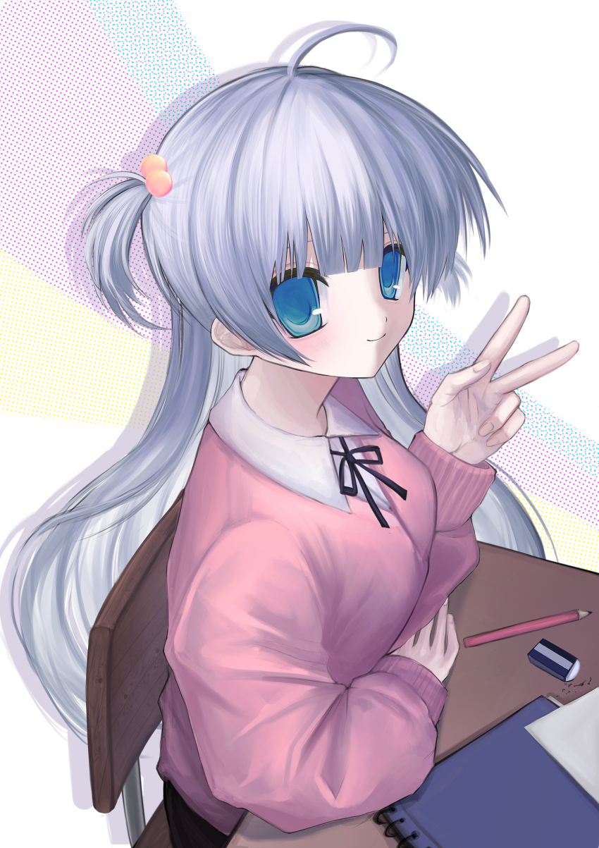 1girl absurdres ahoge black_ribbon black_skirt blue_eyes blunt_bangs cardigan chair closed_mouth collared_shirt commentary desk drop_shadow eraser hair_bobbles hair_ornament hand_up highres long_hair nemu_(zutto_oyasu3) notebook on_chair original pencil pink_cardigan polka_dot ribbon school_chair school_desk school_uniform shirt sitting skirt sleeves_past_wrists smile solo two_side_up v white_hair