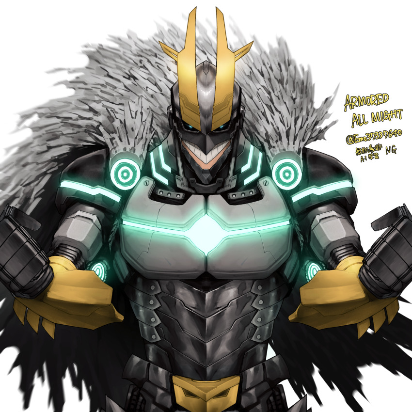 1boy all_might armor black_cape black_sclera blue_eyes boku_no_hero_academia cape clenched_hands colored_sclera emo37337640 grin helmet highres looking_at_viewer male_focus power_armor simple_background smile solo teeth white_background