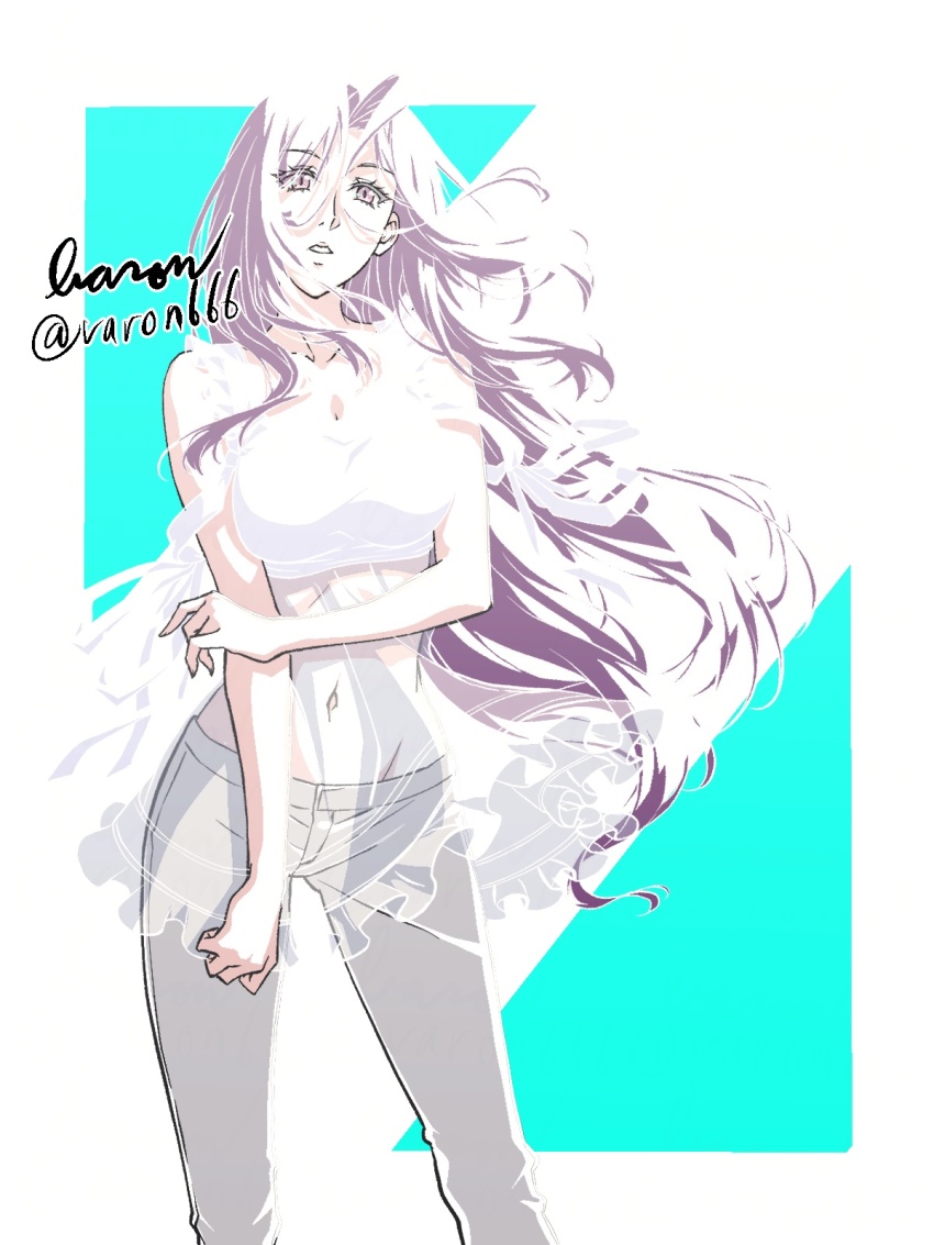 1girl baron_(varon666) breasts fuuto_tantei highres kamen_rider large_breasts long_hair navel purple_eyes purple_hair see-through_clothes solo tokime_(fuuto_tantei) varon