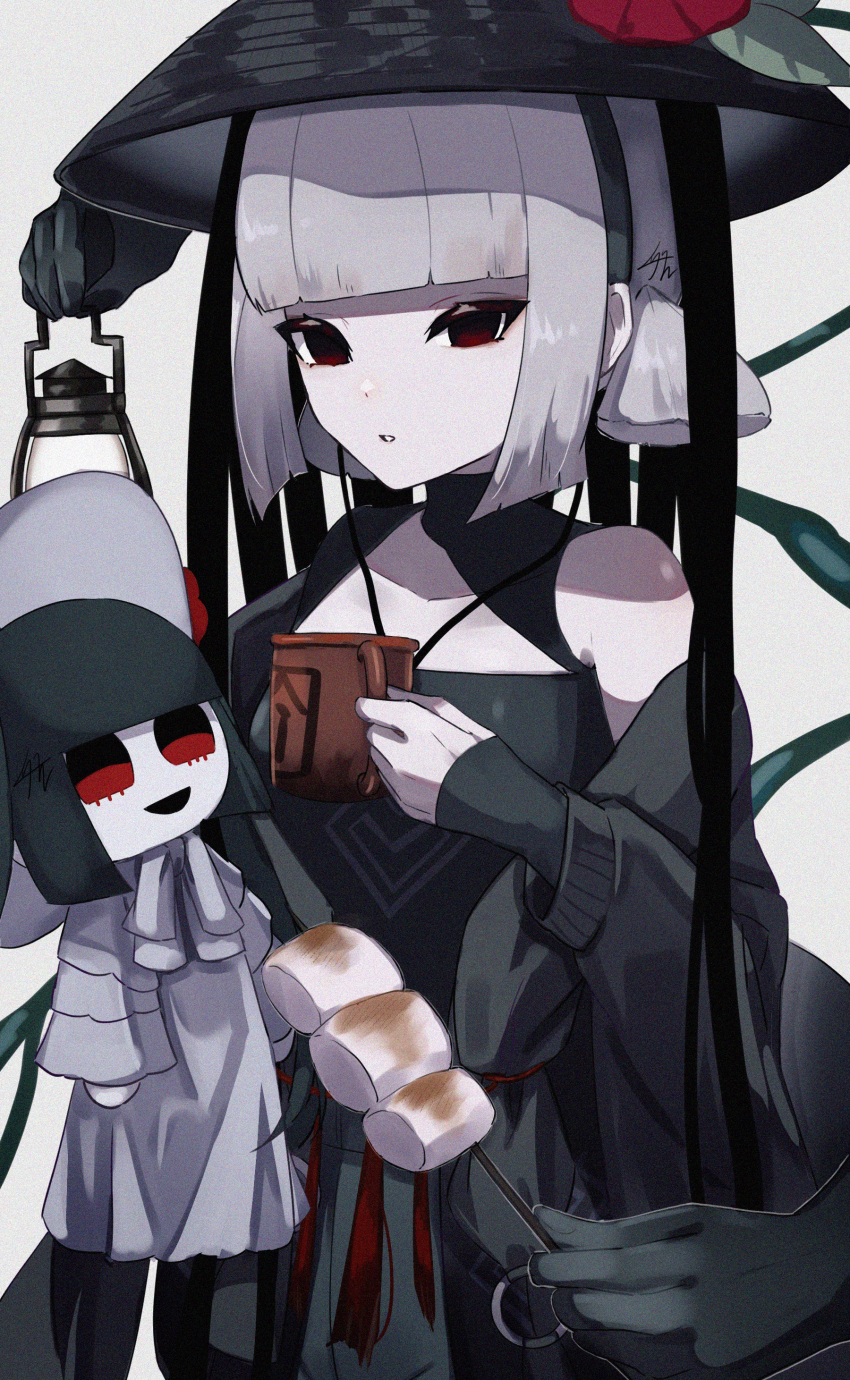 1girl absurdres bare_shoulders black_dress black_eyes blunt_bangs breasts character_doll cup dress fate/grand_order fate_(series) food ghost_hands grey_hair hat highres izanaware_game jingasa komahime_(fate) lantern long_sleeves looking_at_viewer low_twintails marshmallow sen_no_rikyu_(fate) short_hair short_twintails small_breasts solo twintails white_hair wide_sleeves