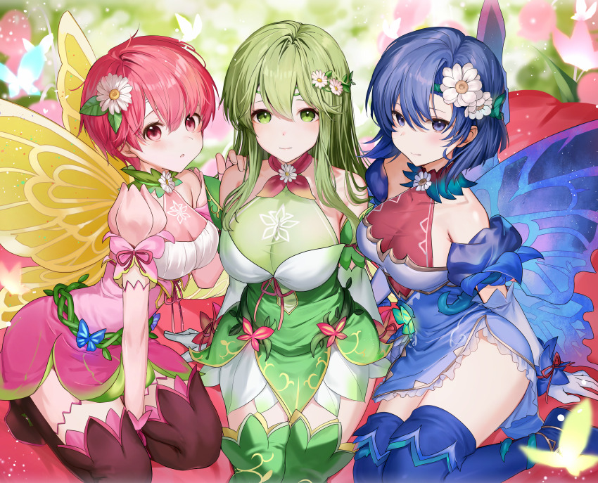 3girls absurdres blue_dress blue_eyes blue_hair blue_thighhighs blue_wings breasts brown_thighhighs catria_(fire_emblem) commission commissioner_upload dress est_(fire_emblem) fairy_wings fire_emblem fire_emblem:_mystery_of_the_emblem flower green_dress green_eyes green_hair green_thighhighs hair_flower hair_ornament haru_(nakajou-28) highres large_breasts long_hair looking_at_viewer medium_breasts multiple_girls nintendo non-web_source palla_(fire_emblem) pink_dress pink_eyes red_hair short_hair sitting thighhighs thighs wings yellow_wings