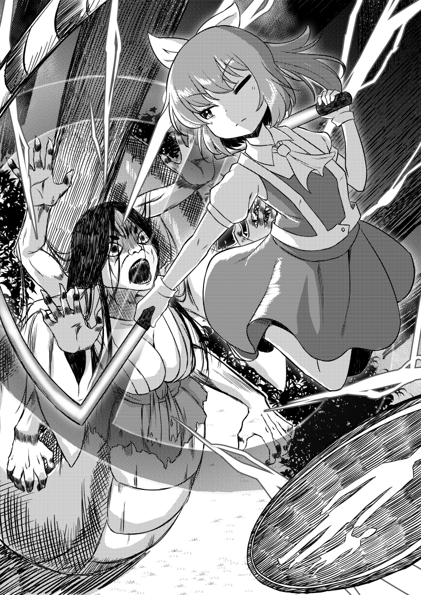 2girls absurdres ascot bow breasts cleavage closed_mouth collared_shirt commentary_request cookie_(touhou) daiyousei diyusi_(cookie) extra_arms full_body greyscale hair_bow high-visibility_clothing high-visibility_vest highres japanese_mythology jumping kankandara large_breasts long_hair looking_at_another monochrome multiple_girls one_eye_closed open_mouth pedestrians_only_sign ponytail road_sign shirt short_sleeves sign skirt touhou traffic_baton tsugumi_amon vest