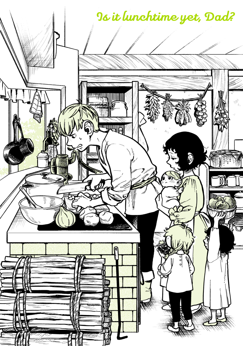 1boy 4girls absurdres aged_down apple apron baby basket black_hair bottle bowl braid brick can_o29 carrying carrying_baby carrying_person chilchuck&#039;s_wife chilchuck_tims cooking cooking_pot cup curtains cutting_board dress dungeon_meshi english_text firewood food fruit full_body fullertom_(dungeon_meshi) grapes highres indoors kitchen kitchen_knife knife leaning_forward long_hair mayjack_(dungeon_meshi) monochrome mug multiple_girls onion packpatty_(dungeon_meshi) potato shelf short_hair spoon standing sweatdrop tunic twin_braids water_pump