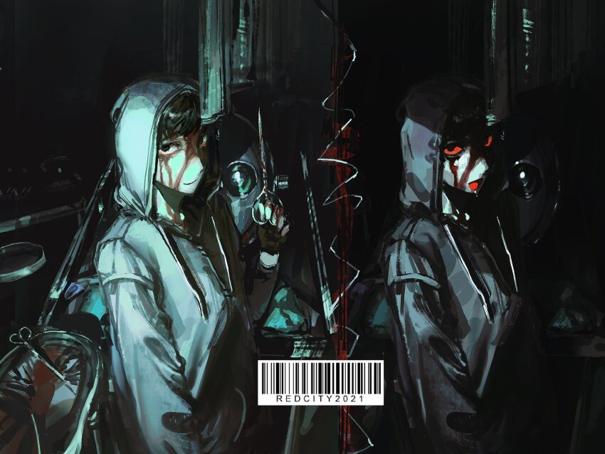 barcode black_hair blood blood_on_clothes blood_on_face blood_on_hands bloodshot_eyes bloody_weapon c1grhin colored_sclera cry_of_fear dark dual_persona eyes_in_shadow green_theme grey_hoodie grin hand_up highres holding holding_scissors hood hood_up hoodie hospital looking_at_viewer open_mouth red_sclera scissors simon_henriksson simon_henriksson_(book) smile weapon