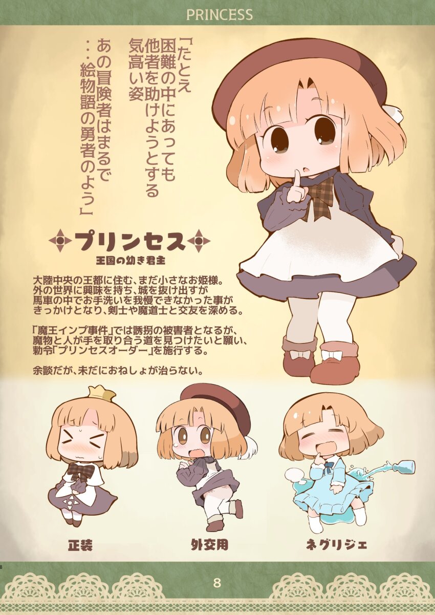 &gt;_&lt; 1girl :d =_= ass beret black_dress blue_bow blue_dress blush boots bottle bow brown_boots brown_eyes brown_hair brown_hat chibi closed_eyes collared_dress dress dungeon_de_ohanatsumi_nanka_yurushimasen!! finger_to_mouth frilled_dress frills hand_up hanomido hat highres long_sleeves multiple_views nose_blush open_mouth pantyhose plaid_bow pouring princess_(dungeon_de_ohanatsumi_nanka_yurushimasen!!) puffy_long_sleeves puffy_sleeves sleeves_past_wrists smile socks translation_request water water_bottle white_pantyhose white_socks