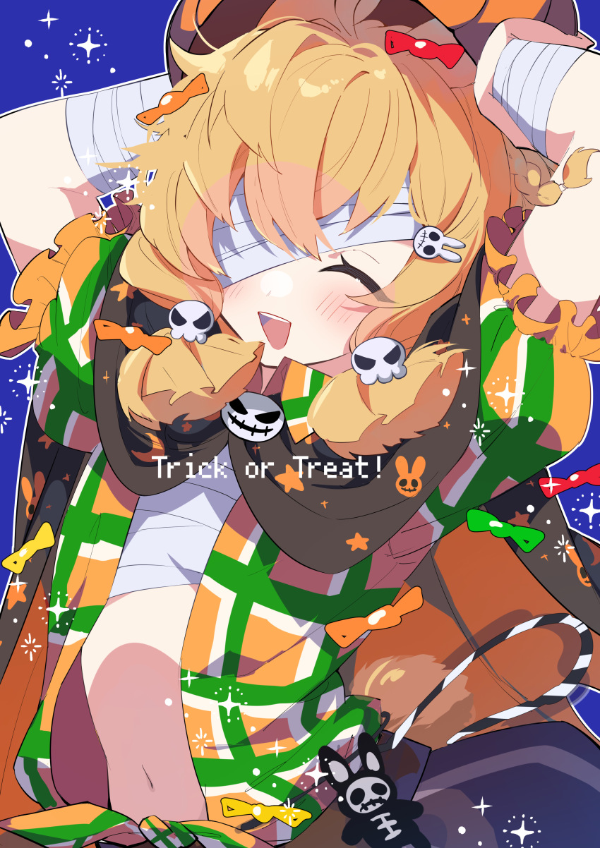1girl absurdres arknights arms_behind_head arms_up bandaged_chest bandaged_wrists bandages bandages_over_eyes blonde_hair blue_background candy_hair_ornament closed_eyes commentary_request english_text food-themed_hair_ornament front-tie_top hair_ornament highres kroos_(arknights) kroos_(the_mag)_(arknights) nekoma_hikaru open_clothes open_mouth open_shirt plaid_clothes plaid_shirt shirt short_hair simple_background skull_hair_ornament smile solo sparkle