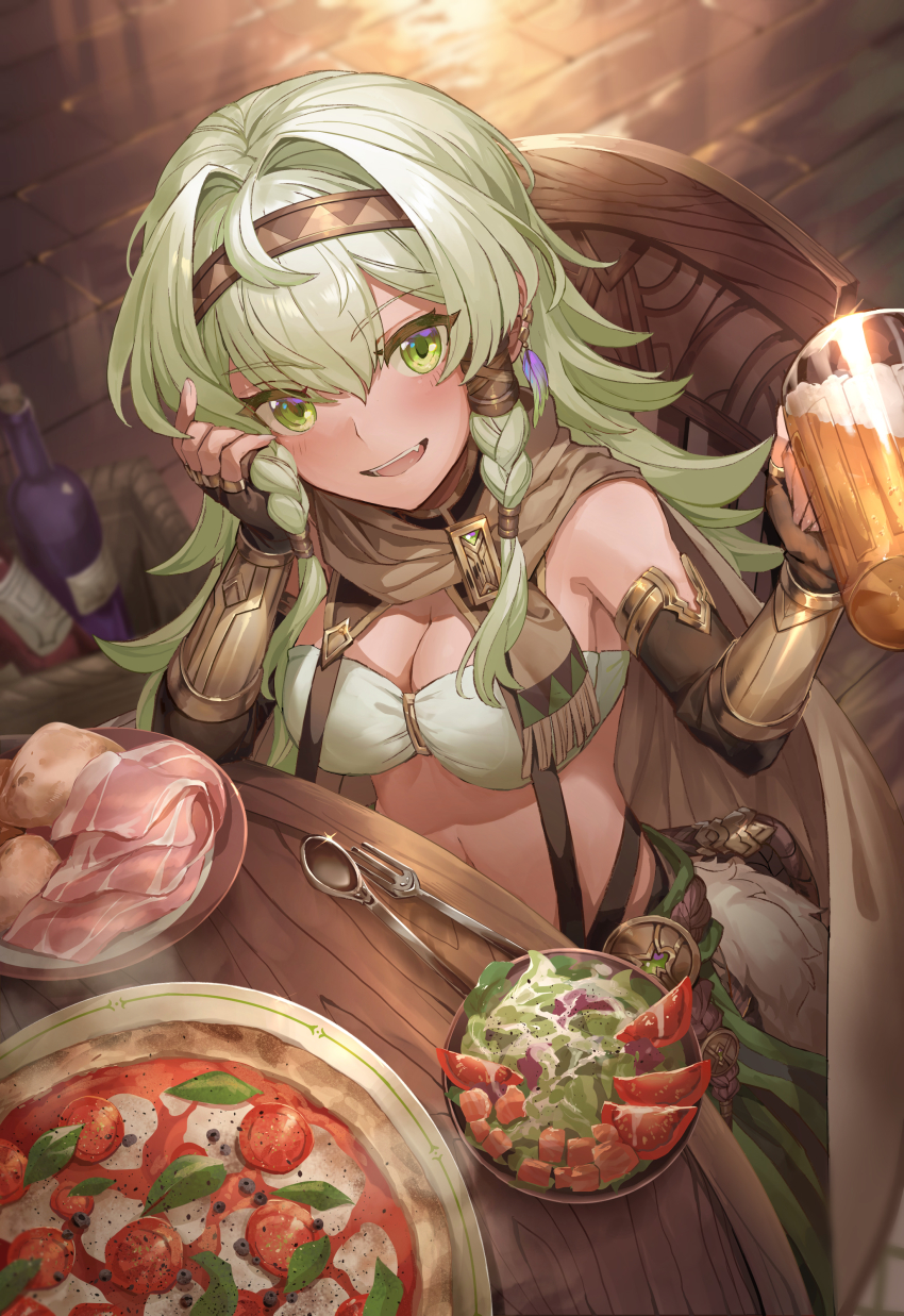 1girl :d absurdres alcohol beer beer_mug blurry blurry_background bottle braid bread breasts brown_gloves cape chair cleavage cup depth_of_field earrings elbow_gloves fingerless_gloves food glint gloves green_eyes green_hair hair_tubes ham hand_up highres holding holding_cup jewelry long_hair looking_at_viewer margherita_pizza mug navel open_mouth original pizza salad shichigatsu sitting smile solo tomato twin_braids wine_bottle