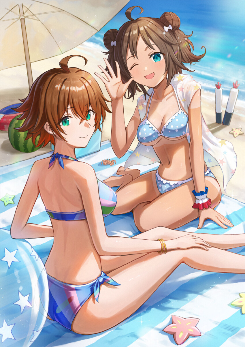 2girls ;d absurdres ahoge awakened_miki azur_lane back ball bare_shoulders barefoot beach beach_mat beach_umbrella beachball bikini blue_bikini blue_eyes bracelet breasts brown_hair cleavage closed_mouth collarbone commentary_request commission crab crossed_bangs crossover day double_bun food fruit full_body green_eyes hair_between_eyes hair_bun hand_up highres hoshii_miki idolmaster idolmaster_(classic) isome jacket jewelry le_mars_(azur_lane) le_mars_(ete_brillant)_(azur_lane) looking_at_viewer medium_breasts multiple_girls navel ocean official_alternate_costume one_eye_closed open_mouth outdoors picnic_basket polka_dot polka_dot_bikini see-through_clothes see-through_jacket shadow short_hair sidelocks sitting skeb_commission sleeveless sleeveless_jacket smile starfish stomach swimsuit tan tanline torpedo umbrella watermelon yokozuwari