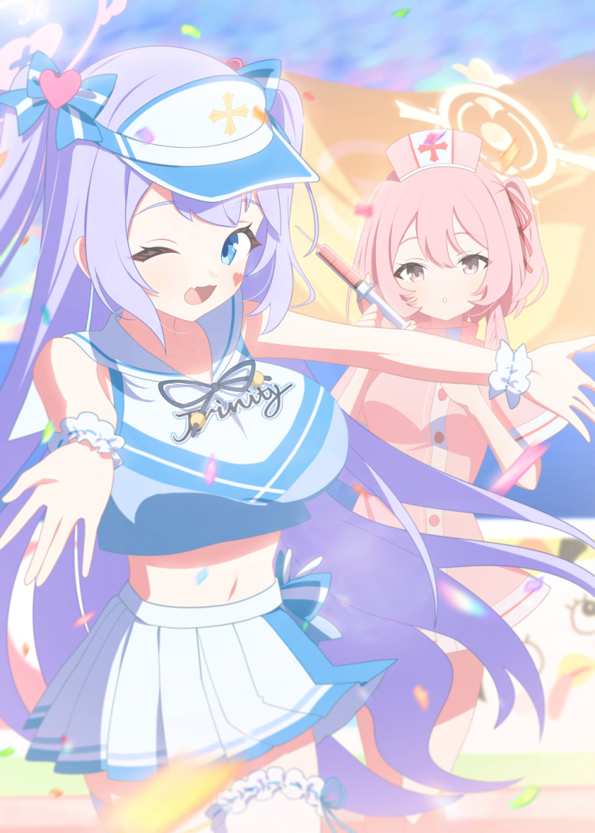 2girls blue_archive blue_eyes breasts cheering cheerleader dress fang hair_between_eyes halo hanae_(blue_archive) hanae_(cheer_squad)_(blue_archive) hat highres holding holding_syringe kaerunrun large_breasts long_hair looking_at_viewer medium_breasts medium_hair multiple_girls nurse_cap official_alternate_costume one_eye_closed open_mouth parted_lips pink_dress pink_eyes pink_hair pink_halo pink_hat pleated_skirt purple_hair sailor_collar serina_(blue_archive) serina_(nurse)_(blue_archive) short_sleeves skin_fang skirt smile syringe twintails white_sailor_collar white_skirt wrist_cuffs yellow_halo