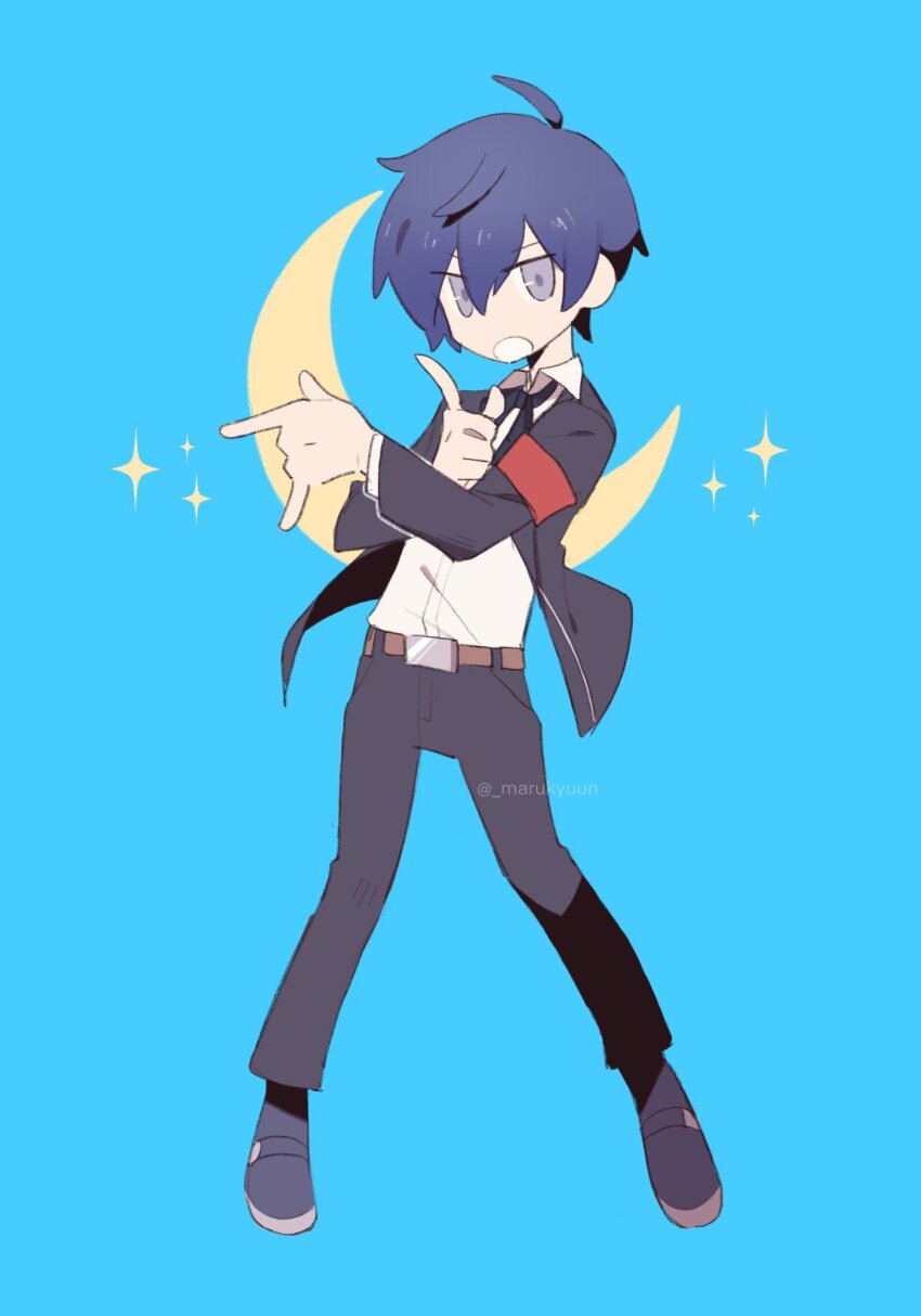 1boy armband bishoujo_senshi_sailor_moon black_pants black_shoes blue_background blue_eyes blue_hair crescent full_body gekkoukan_high_school_uniform hair_between_eyes hair_over_one_eye highres jacket long_sleeves looking_at_viewer male_focus marukyuun open_clothes open_mouth pants parody persona persona_3 red_armband sailor_moon_pose school_uniform shoes simple_background solo sparkle tsuki_ni_kawatte_oshioki_yo twitter_username yuuki_makoto_(persona_3)
