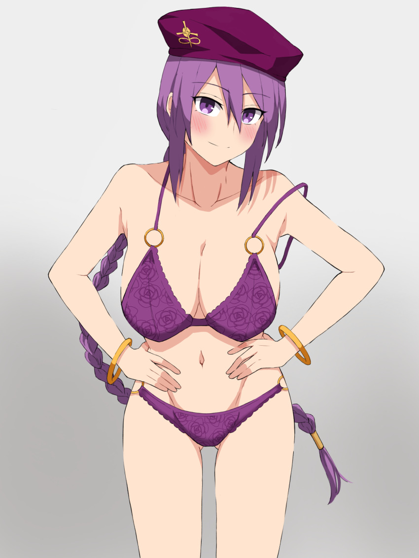 1girl beret blush bra braid braided_ponytail breasts cleavage hands_on_own_hips hat highres large_breasts legs long_hair looking_at_viewer navel panties purple_bra purple_eyes purple_hair purple_panties sideboob sion_eltnam_(type-moon) sion_eltnam_atlasia smile solo thighs tsukihime underwear