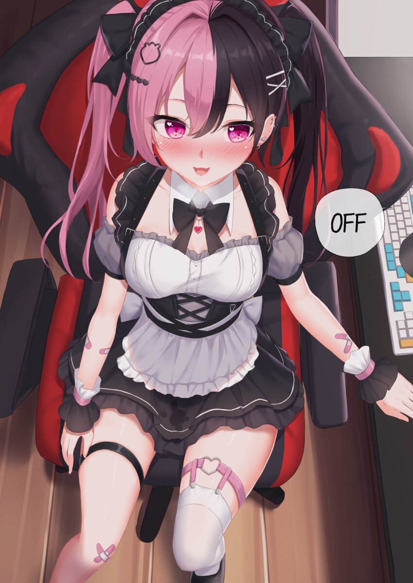 1girl :d apron asymmetrical_legwear back_bow bandaid bandaid_on_arm bandaid_on_knee bandaid_on_leg belt belt_buckle black_belt black_bow black_bowtie black_corset black_dress black_footwear black_hair black_hairband blush bow bowtie breasts buckle chair chinese_commentary commentary_request computer_keyboard corset detached_collar detached_sleeves double-parted_bangs dress ear_piercing earrings english_text eyelashes facing_viewer feet_out_of_frame framed_breasts frilled_apron frilled_dress frilled_hairband frilled_wrist_cuffs frills from_above gaming_chair hair_between_eyes hair_bow hair_intakes hair_ornament hairband hairpin hand_on_table heart heart_hair_ornament heart_in_eye highres indoors jewelry legwear_garter long_bangs long_hair looking_to_the_side medium_breasts milky_suicide mismatched_legwear multicolored_hair multiple_hairpins nakaoka_shiyuu o-ring_legwear_garter on_chair open_mouth piercing pink_hair purple_eyes pussy_juice_stain short_dress sideways_glance single_thighhigh sitting sleeveless sleeveless_dress smile solo speech_bubble split-color_hair swivel_chair symbol_in_eye table thigh_strap thighhighs twintails two-tone_hair underbust variant_set virtual_youtuber waist_apron white_bow white_clover_(unfy8472) white_thighhighs wooden_floor wrist_cuffs x_hair_ornament