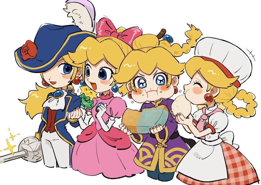 1other 4girls apron ascot blonde_hair blue_eyes blue_headwear blue_jacket blush bow braid brooch chef_hat chibi chinese_clothes dress earrings elbow_gloves feathers flower food gloves hair_bow hat hat_feather hat_flower highres holding holding_food holding_sword holding_weapon jacket jewelry kung_fu_peach mario_(series) mimimi_(mimimim9999) multiple_girls nintendo official_alternate_costume official_alternate_hairstyle open_mouth pants patissiere_peach pink_bow pink_dress ponytail princess_peach princess_peach:_showtime! puffy_short_sleeves puffy_sleeves rapier red_flower red_rose red_vest rose short_sleeves simple_background sphere_earrings stella_(peach) sword swordfighter_peach vest weapon white_apron white_ascot white_background white_feathers white_gloves white_pants