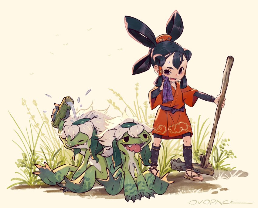 1girl 2others black_eyes black_hair black_leg_warmers commentary_request full_body hair_ornament hair_rings hair_tubes handkerchief highres hoe japanese_clothes kappa leg_warmers long_hair multiple_others murayama_ryota sakuna-hime sandals short_eyebrows signature standing sweat tensui_no_sakuna-hime thick_eyebrows wiping_sweat