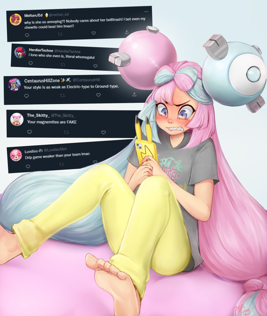 1girl absurdres alternate_costume annoyed barefoot blue_hair blush character_hair_ornament clenched_teeth grey_shirt hair_ornament highres holding holding_phone iono_(pokemon) long_hair nintendo pants phone pink_eyes pink_hair pokemon pokemon_sv sharp_teeth shirt sitting teeth topsieturvy twitter very_long_hair yellow_pants