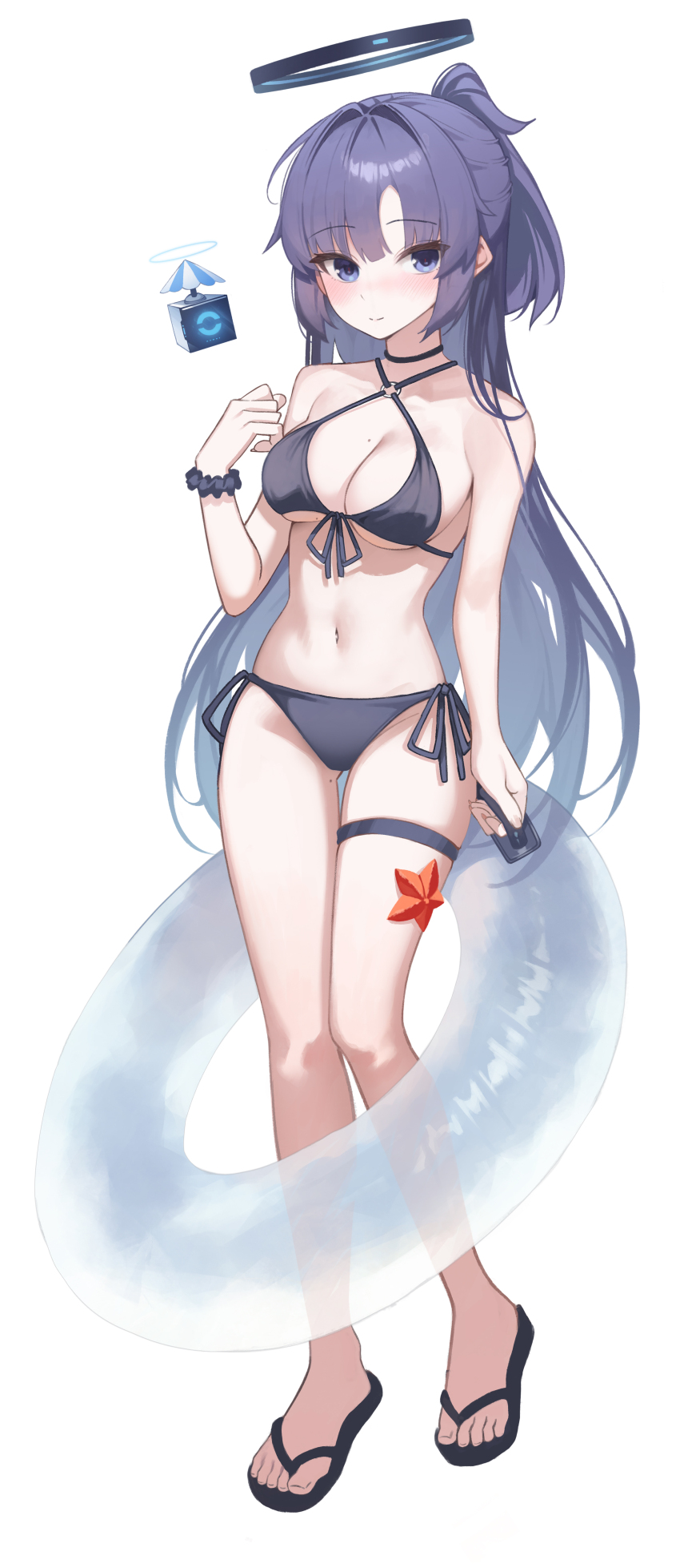 1girl absurdres alternate_costume alternate_hairstyle bare_arms bare_legs bare_shoulders bikini black_bikini black_sandals black_scrunchie blue_archive blush breasts cleavage closed_mouth full_body gi_myeong_02 highres holding holding_swim_ring innertube large_breasts long_hair navel ponytail purple_eyes purple_hair sandals scrunchie sidelocks smile solo swim_ring swimsuit thigh_strap wrist_scrunchie yuuka_(blue_archive)