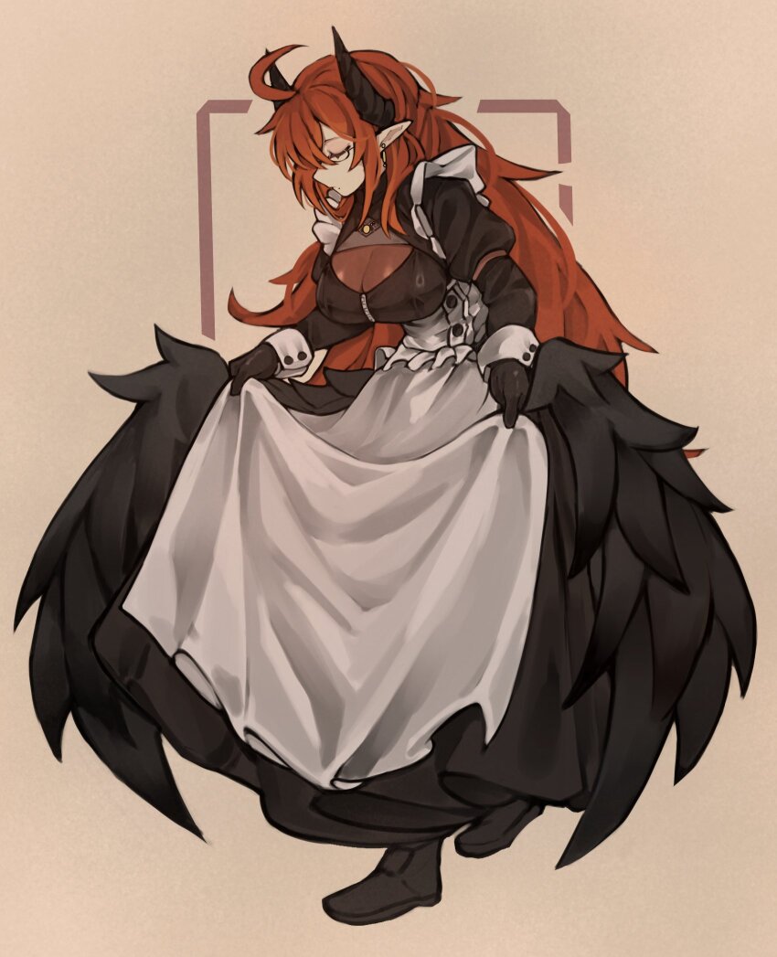 1girl ahoge apron black_dress black_gloves black_horns black_shoes black_wings breast_zipper breasts cleavage closed_eyes closed_mouth commentary commission demon_horns dress earrings english_commentary frills glasses gloves highres horns isabella_(marse) jewelry large_breasts long_hair maid maid_apron mole mole_under_mouth necklace original pointy_ears puffy_sleeves red_hair shigezie shoes simple_background solo very_long_hair white_wrist_cuffs wings wrist_cuffs