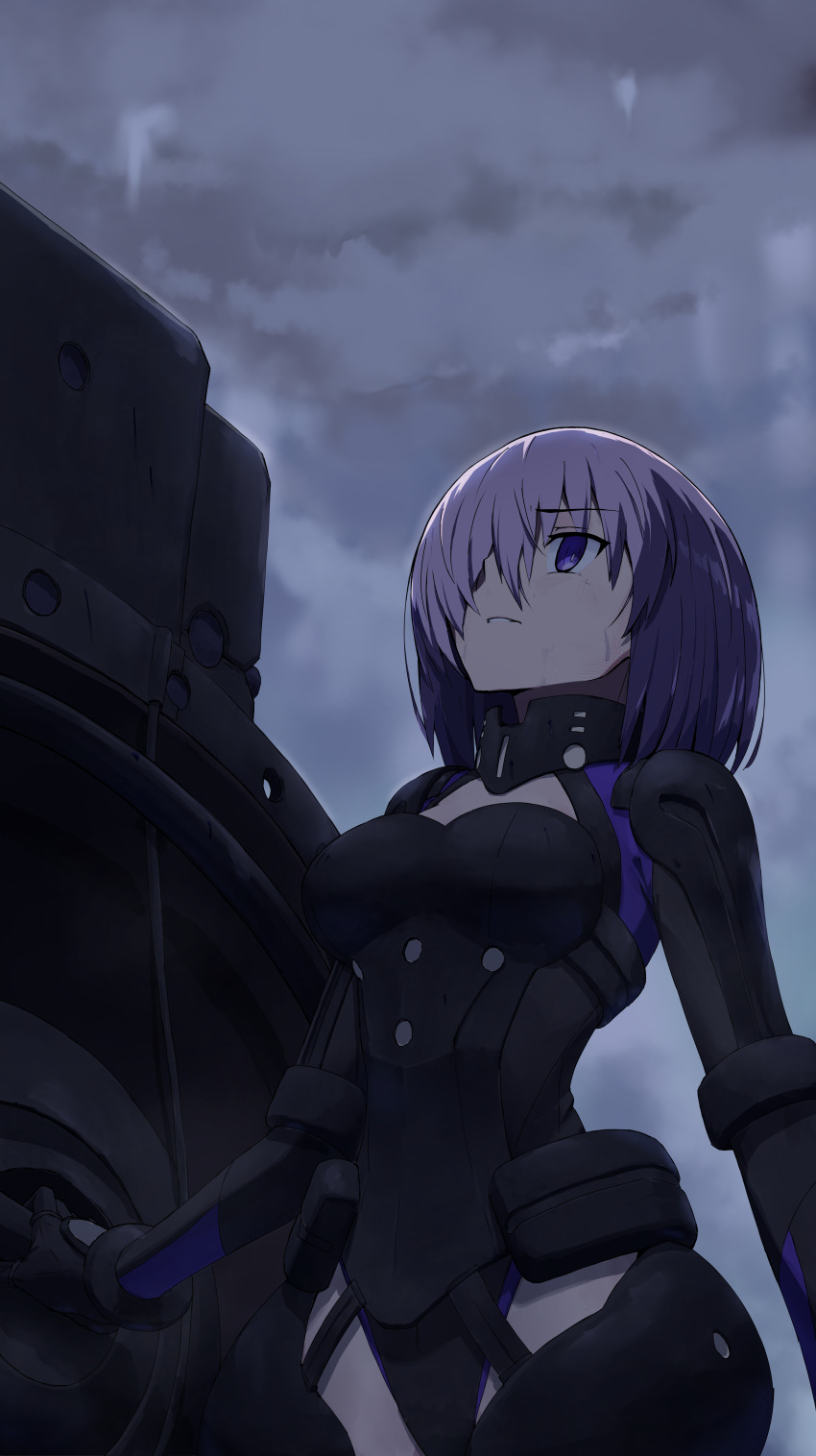 1girl absurdres armor black_leotard breasts cloud fate/grand_order fate_(series) hair_over_one_eye highres leotard looking_up lord_camelot_(fate) mash_kyrielight mash_kyrielight_(ortenaus) overcast parted_lips pink_hair purple_eyes shield short_hair sky solo standing tsukinaga