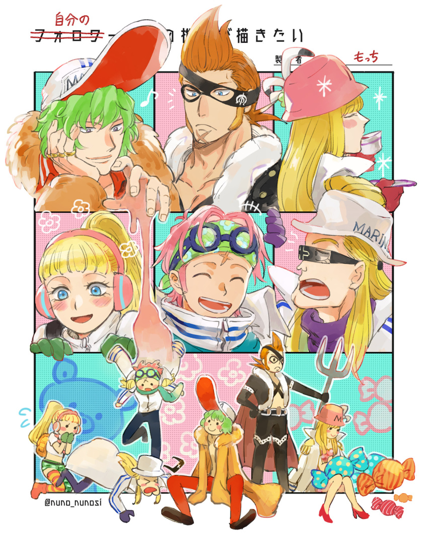 2girls 4boys baseball_cap blonde_hair blue_eyes blush candy clay closed_eyes clothes_writing cup devil_fruit_power drinking epaulettes food gloves goggles green_gloves green_hair green_headband hat headband headphones helmeppo hibari_(one_piece) high_collar highres holding holding_cup holding_polearm jewelry koby_(one_piece) kujaku_(one_piece) long_hair marine_uniform_(one_piece) medium_hair mocchi_(mkz) multiple_boys multiple_girls multiple_rings one_piece open_mouth orange_hair pink_hair polearm ponytail prince_grus purple_eyes ring scar scar_on_face short_hair sideburns smile sunglasses surprised teacup teeth trident twitter_username weapon x_drake