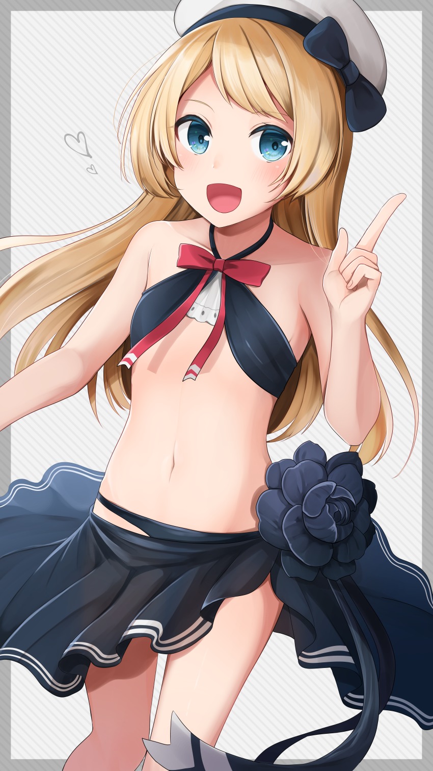 1girl absurdres alternate_costume arm_up bikini black_bikini blonde_hair blue_eyes blush bow bowtie commentary_request cosplay female_focus flat_chest flower hair_between_eyes hat heart highres huge_filesize incredibly_absurdres jervis_(kancolle) kantai_collection long_hair looking_at_viewer navel open_mouth red_bow red_bowtie red_ribbon ribbon sailor_hat sarong simple_background smile solo standing swimsuit tatsuta_(kancolle) tatsuta_(kancolle)_(cosplay) tatsuta_(swimsuit)_(kancolle) thighs yunamaro