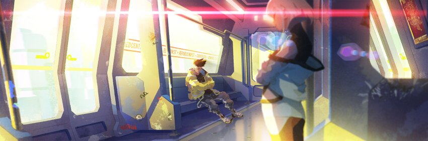 1boy 1girl absurdres black_hair black_shirt closed_eyes cyberpunk_(series) cyberpunk_edgerunners david_martinez grey_pants highres jacket lens_flare lucy_(cyberpunk) off-shoulder_jacket off_shoulder on_bench orenji_(orenjikunart) pants shirt sitting sliding_doors spiked_hair standing train_interior undercut white_hair yellow_jacket