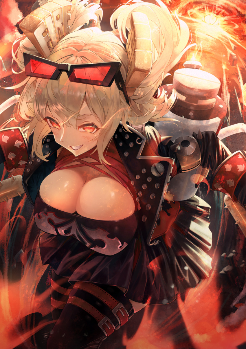 1girl black_jacket black_skirt black_thighhighs blonde_hair breasts burnice_white cleavage eyewear_on_head fire highres jacket large_breasts looking_at_viewer open_mouth phoebe_(user_vvpf4584) red_eyes skirt smile solo sunglasses thighhighs zenless_zone_zero