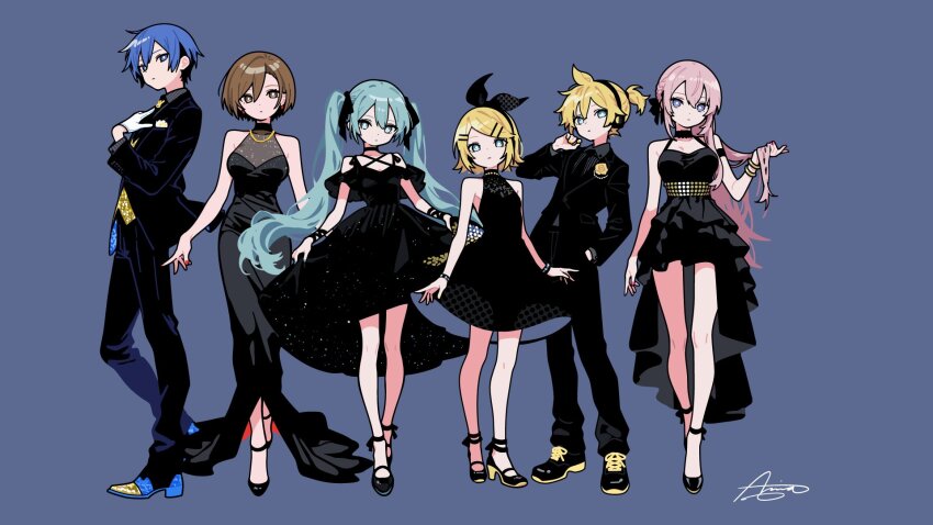 2boys 4girls alternate_costume ameniwa aqua_eyes aqua_hair aqua_nails back_bow bare_arms bare_legs bare_shoulders black_choker black_dress black_hairband black_headphones black_jacket black_pants black_ribbon black_shirt black_shoes black_suit blazer blonde_hair blue_background blue_eyes blue_hair boutonniere bow bracelet breasts bright_pupils brown_eyes brown_hair choker closed_mouth commentary criss-cross_halter dot_nose dress earrings english_commentary expressionless fingernails flower formal_clothes full_body gloves gold_necklace hair_between_eyes hair_ornament hair_ribbon hairband hairclip halter_dress halterneck hand_on_own_chest hatsune_miku high-low_dress high_heels highres jacket jewelry kagamine_len kagamine_rin kaito_(vocaloid) long_hair looking_at_viewer megurine_luka meiko_(vocaloid) multiple_boys multiple_girls nail_polish necklace pants pink_hair ponytail purple_background red_nails ribbon rose sequins shirt shoes short_hair short_ponytail signature simple_background skirt_hold sleeveless sleeveless_dress solo standing suit twintails very_long_hair very_short_hair vest vocaloid white_gloves white_pupils yellow_flower yellow_nails yellow_rose